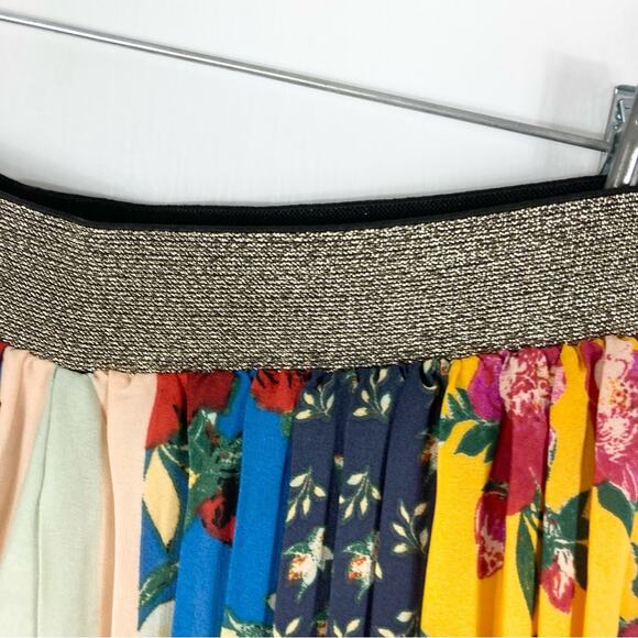 New Anthropologie Pant XS Floral Colorblock Pleated Wide PullUp Gold Waist Lined - Picture 5 of 15